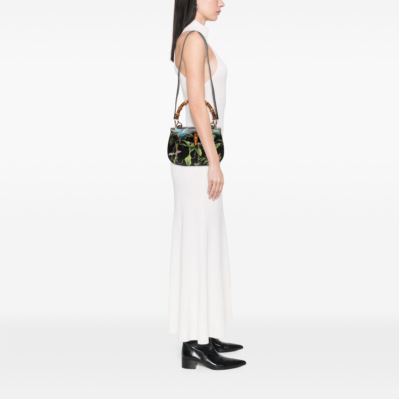 Gucci Printed Calfskin Tropical Bamboo Night Satchel Zwart