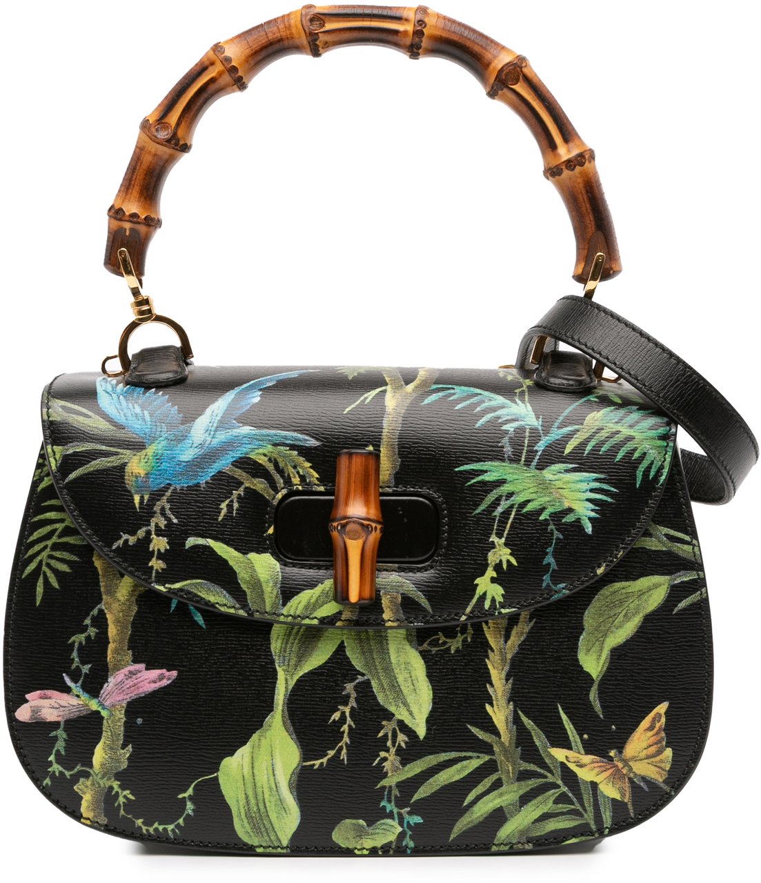 Gucci Printed Calfskin Tropical Bamboo Night Satchel Zwart