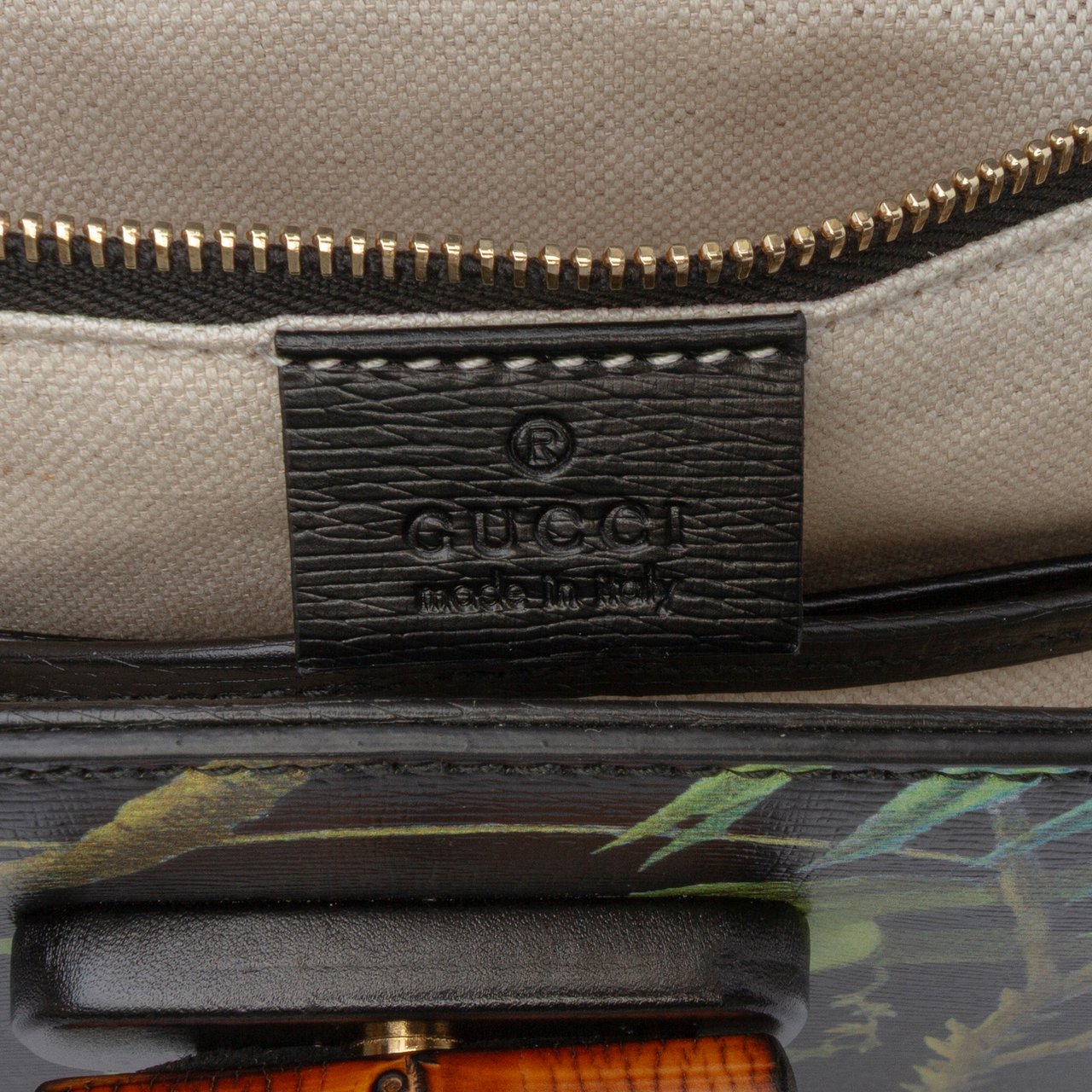 Gucci Printed Calfskin Tropical Bamboo Night Satchel Zwart