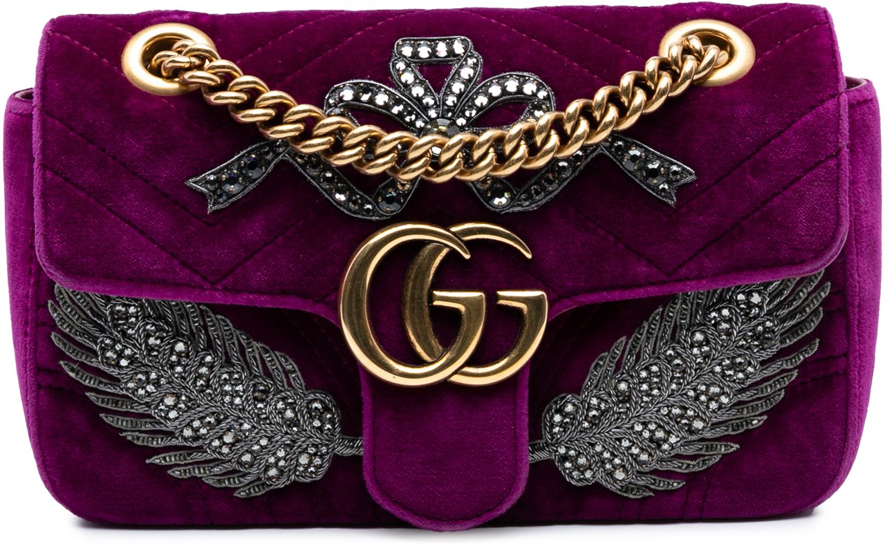 Gucci Small GG Marmont Matelasse Velvet Crystal Embellished Shoulder Bag Paars