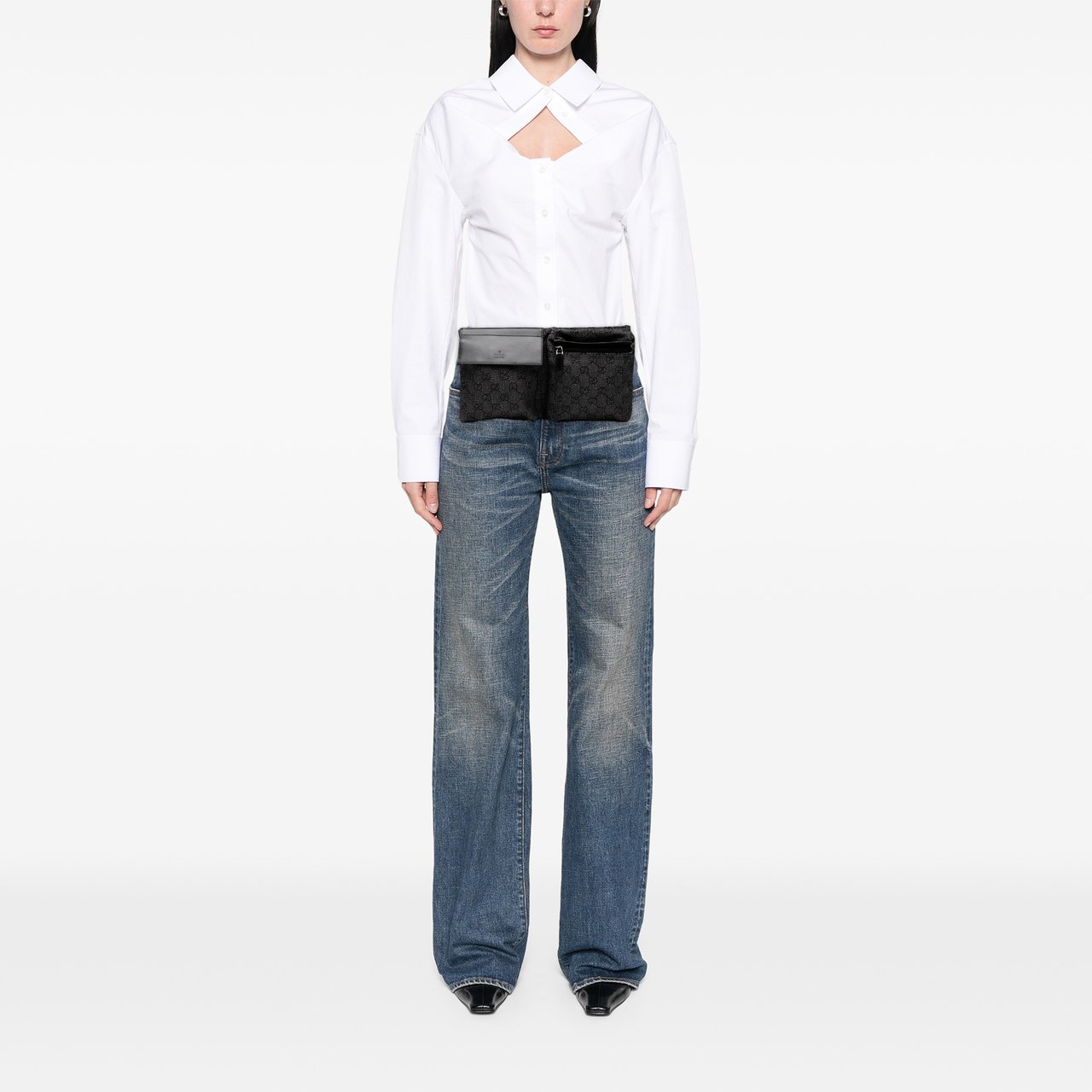 Gucci GG Denim Double Pocket Belt Bag Grijs