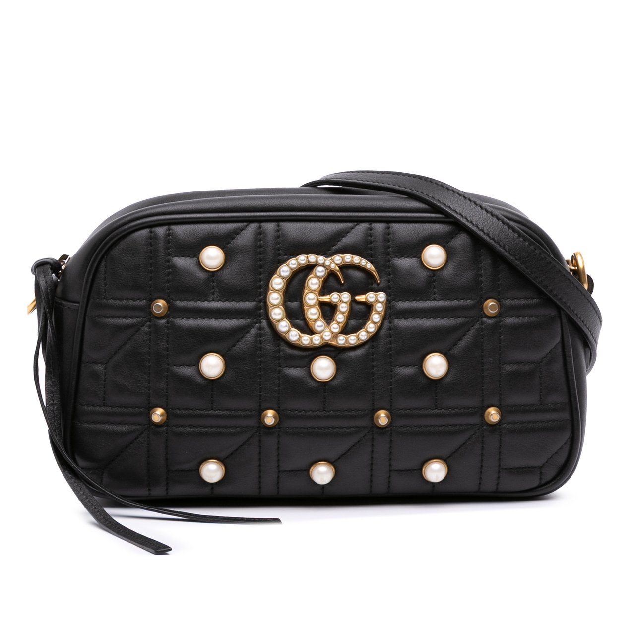 Gucci Small GG Marmont Matelasse Leather Pearl Studded Crossbody Zwart