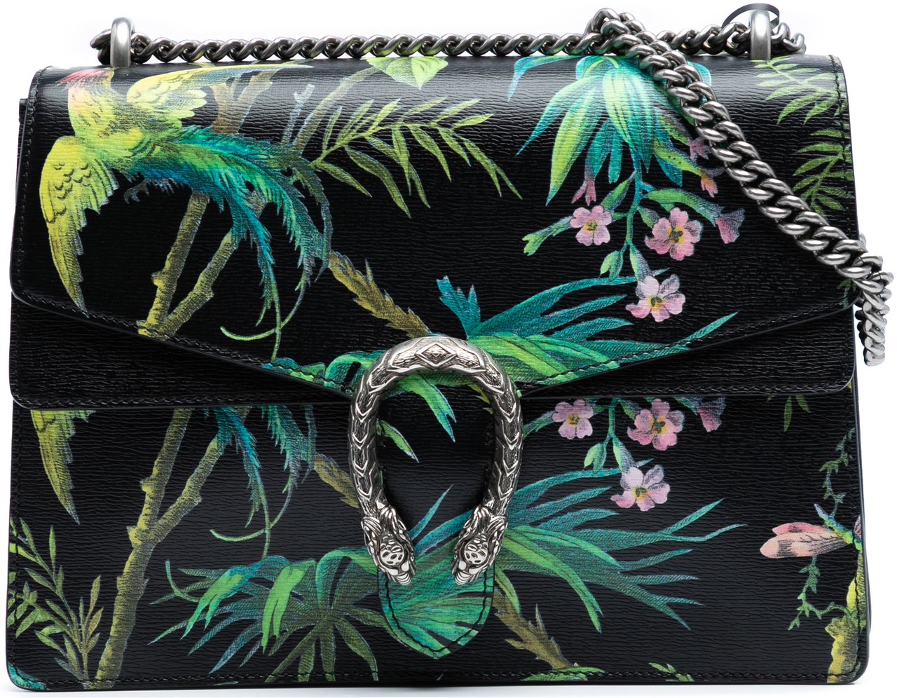 Gucci Medium Leather Tropical Print Dionysus Shoulder Bag Zwart
