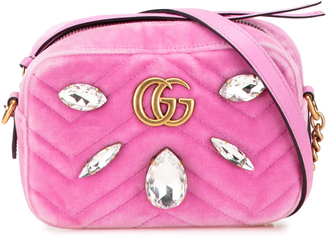 Gucci Mini GG Marmont Crystal Embellished Matelasse Velvet Crossbody Roze