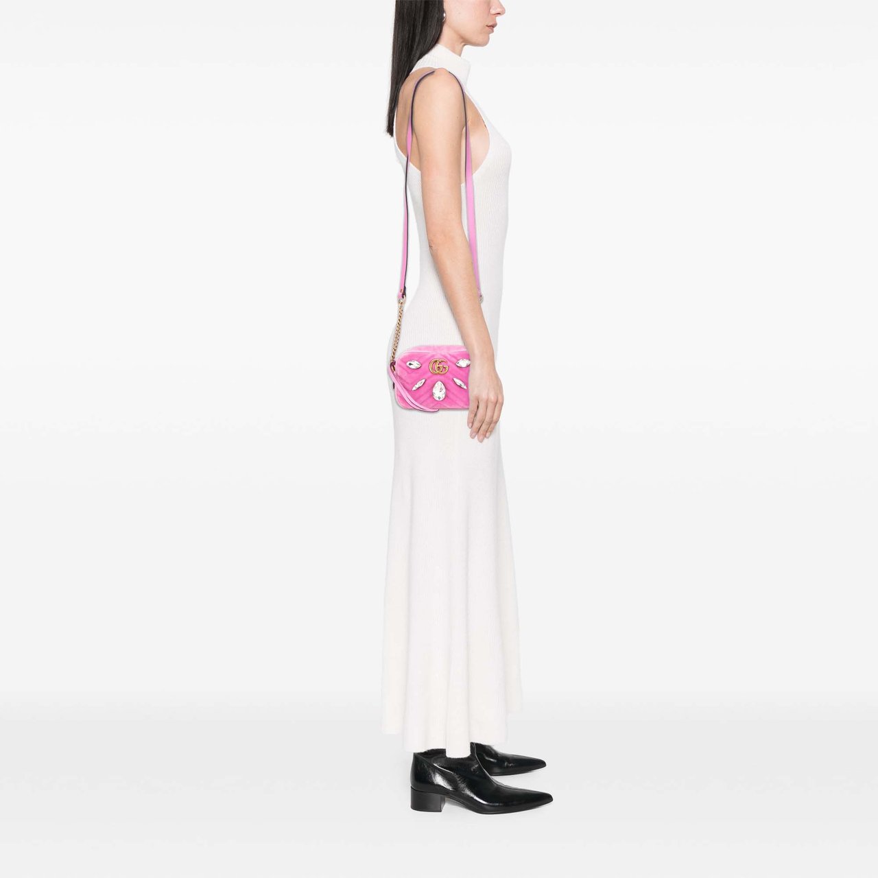 Gucci Mini GG Marmont Crystal Embellished Matelasse Velvet Crossbody Roze