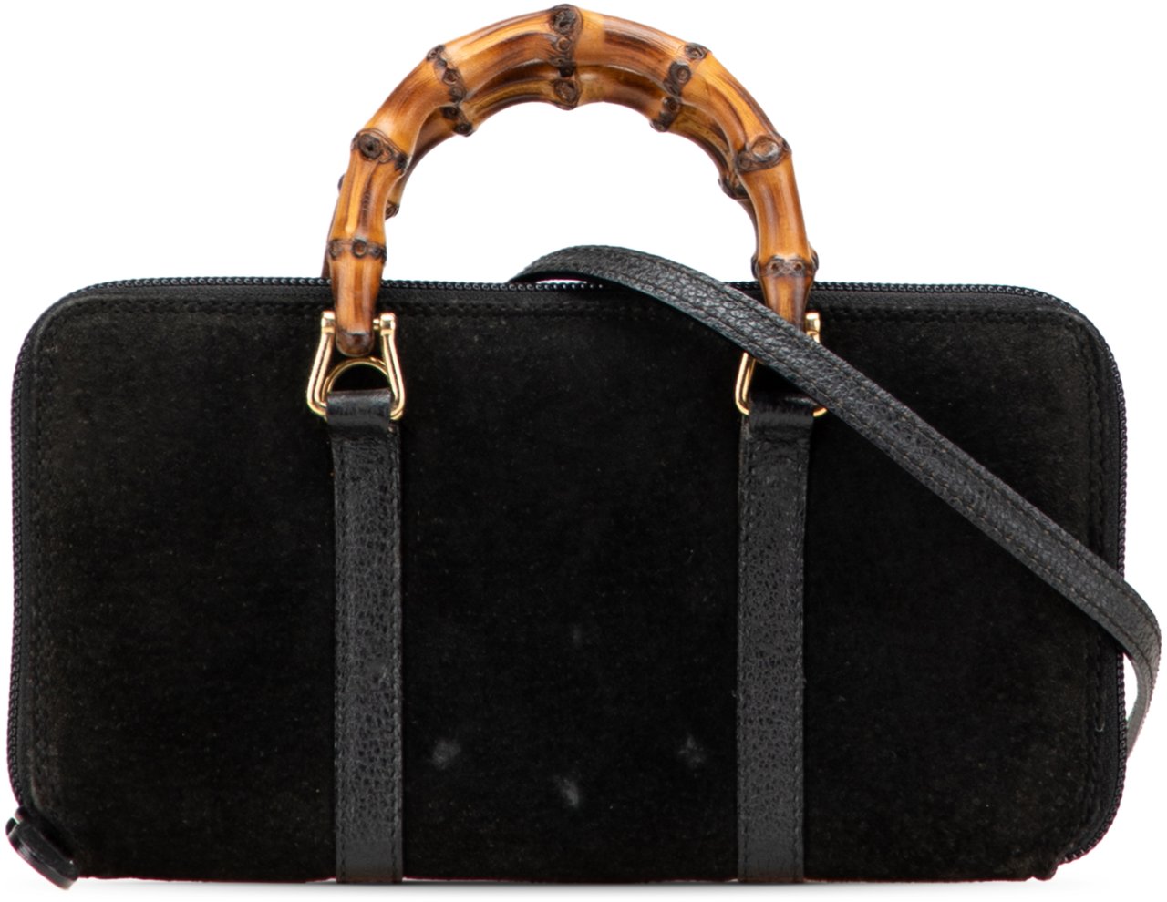 Gucci Suede Bamboo Wallet On Strap Zwart