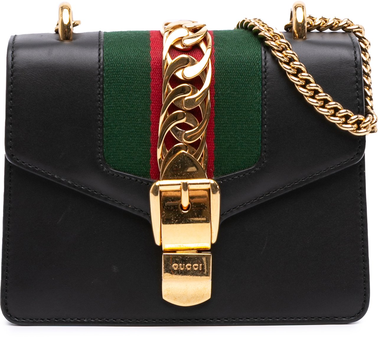 Gucci Mini Leather Web Sylvie Chain Crossbody Zwart