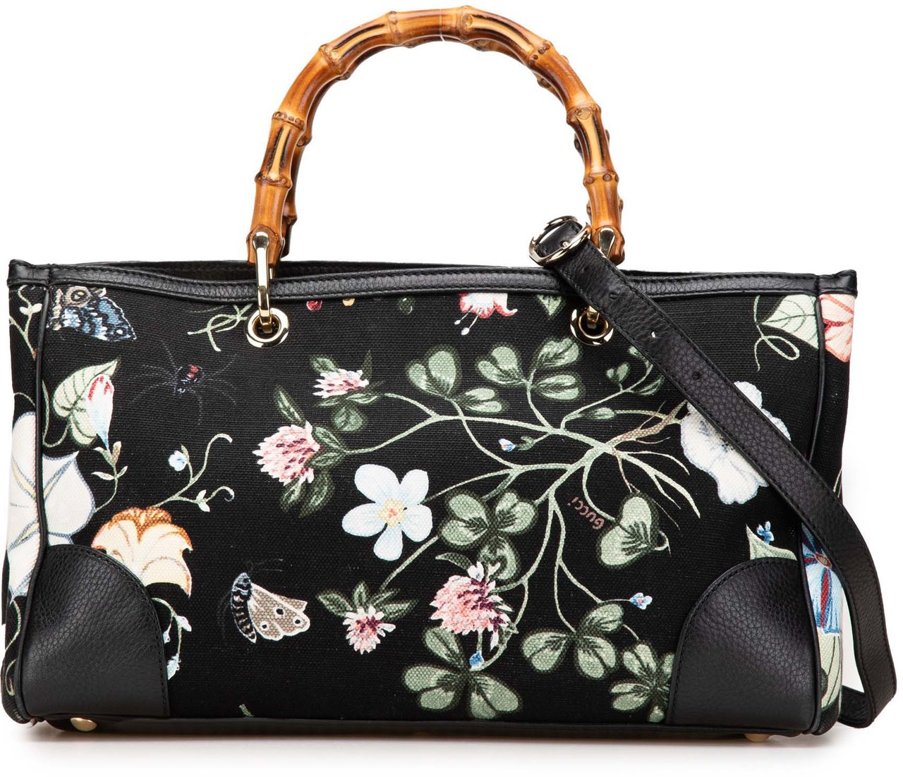 Gucci Medium Canvas Bamboo Shopper Flora Knight Satchel Zwart