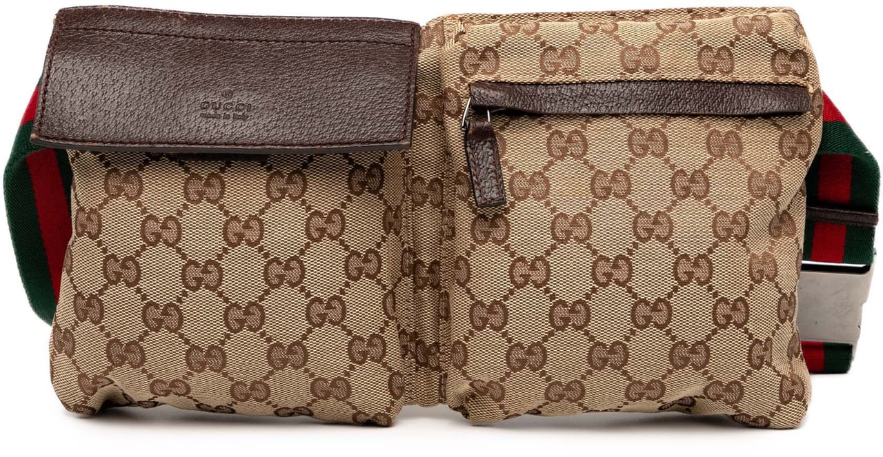 Gucci GG Canvas Web Double Pocket Belt Bag Bruin