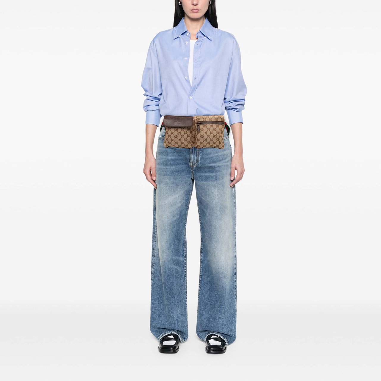 Gucci GG Canvas Web Double Pocket Belt Bag Bruin