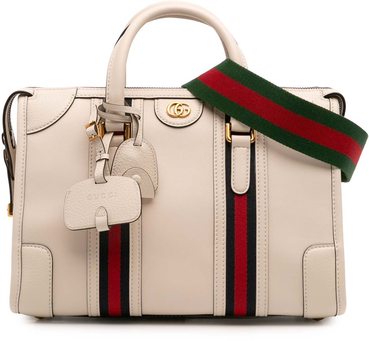 Gucci Medium Calfskin Web Bauletto Top Handle Bag Wit