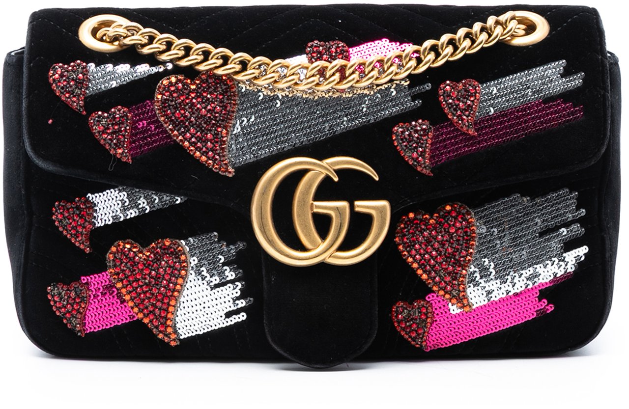 Gucci Medium GG Marmont Matelasse Velvet Sequin Embellished Shoulder Bag Zwart