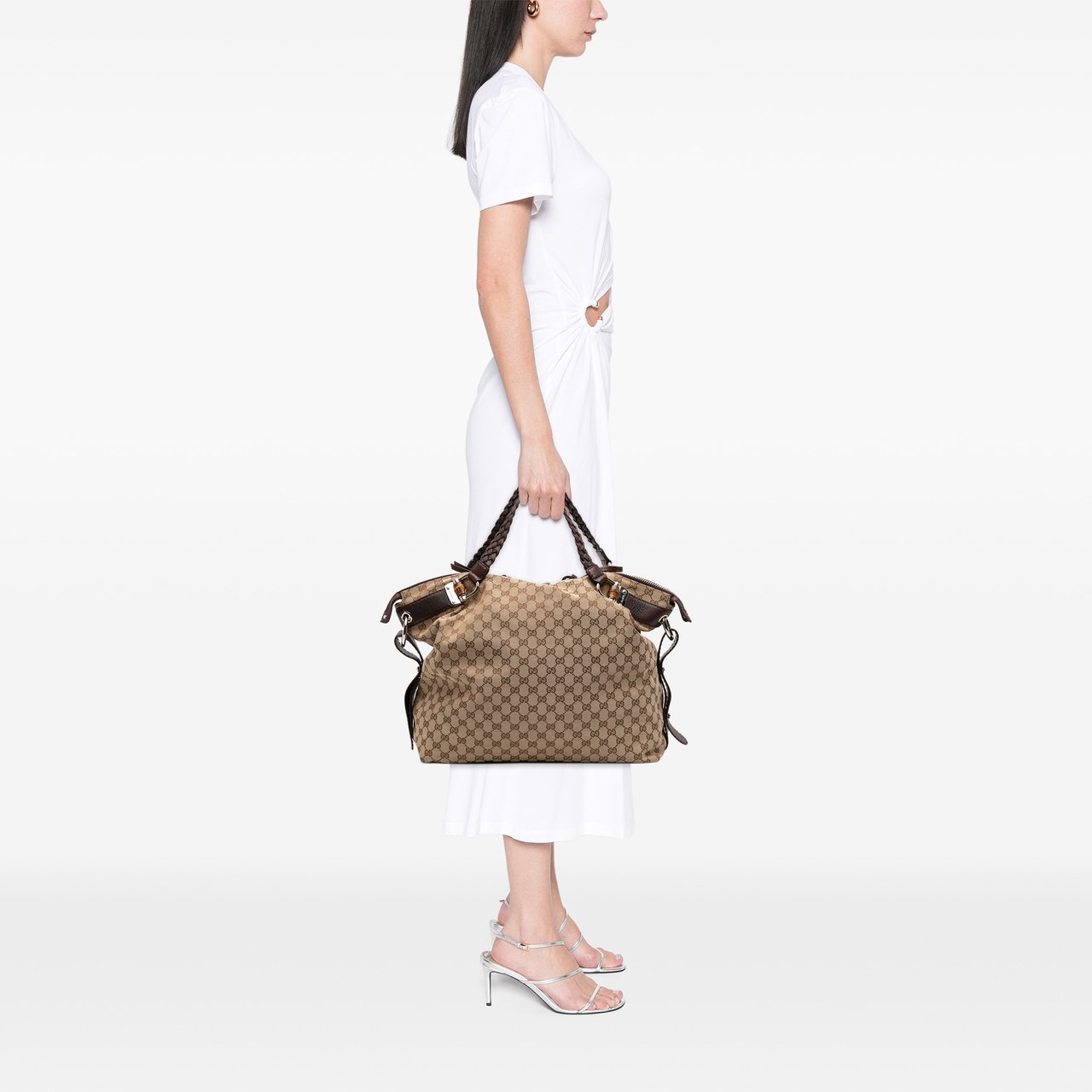 Gucci Large GG Canvas Bamboo Bar Tote Bruin
