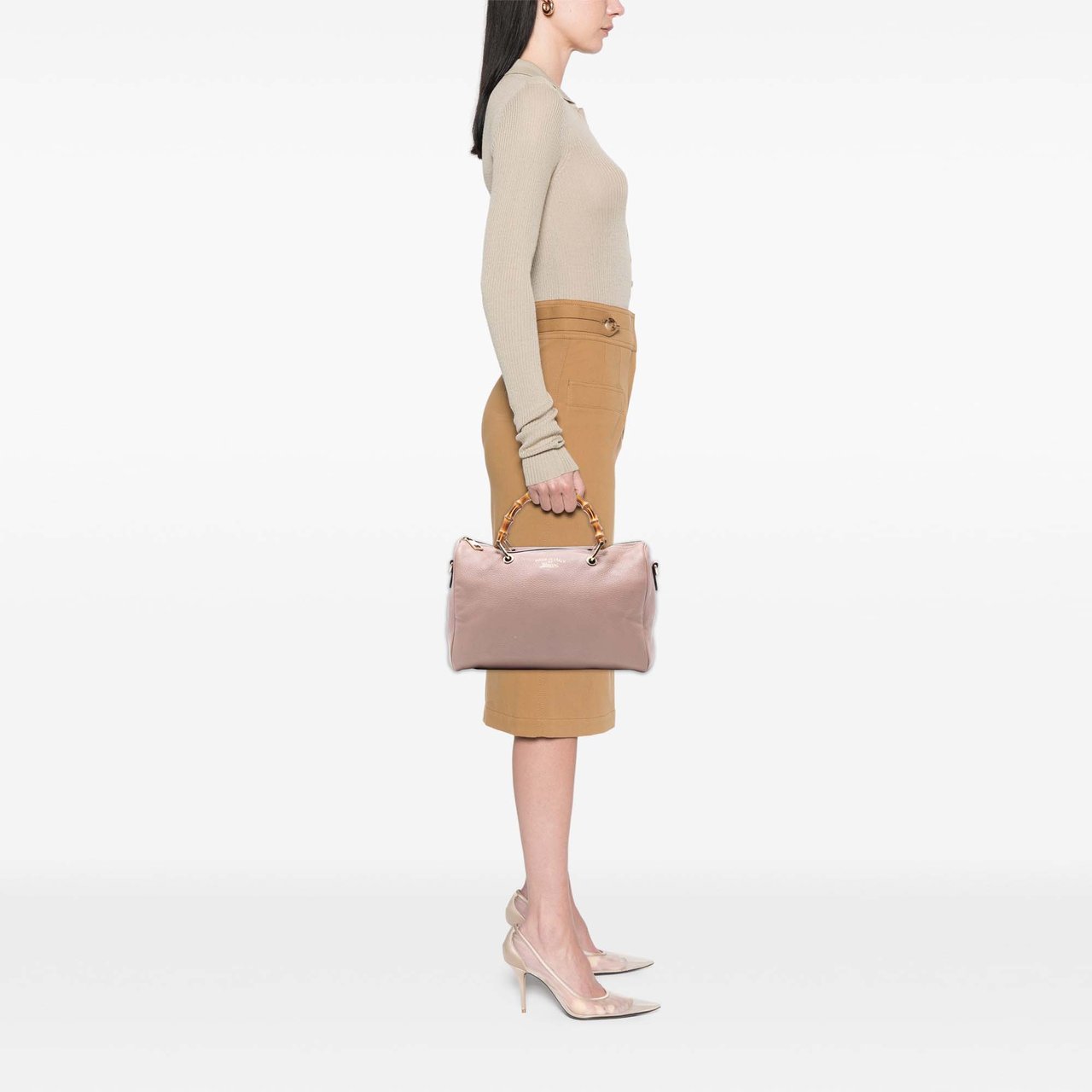 Gucci Medium Calfskin Bamboo Shopper Boston Bag Roze