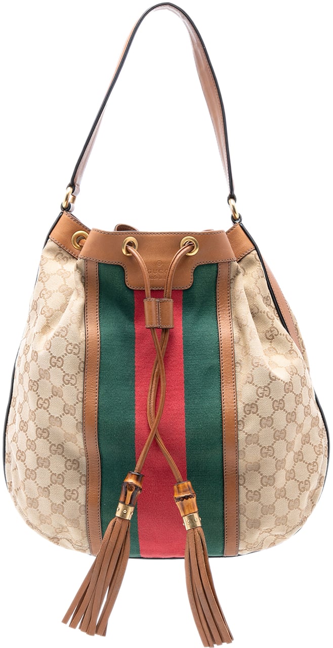 Gucci GG Canvas Web Rania Drawstring Hobo Bruin