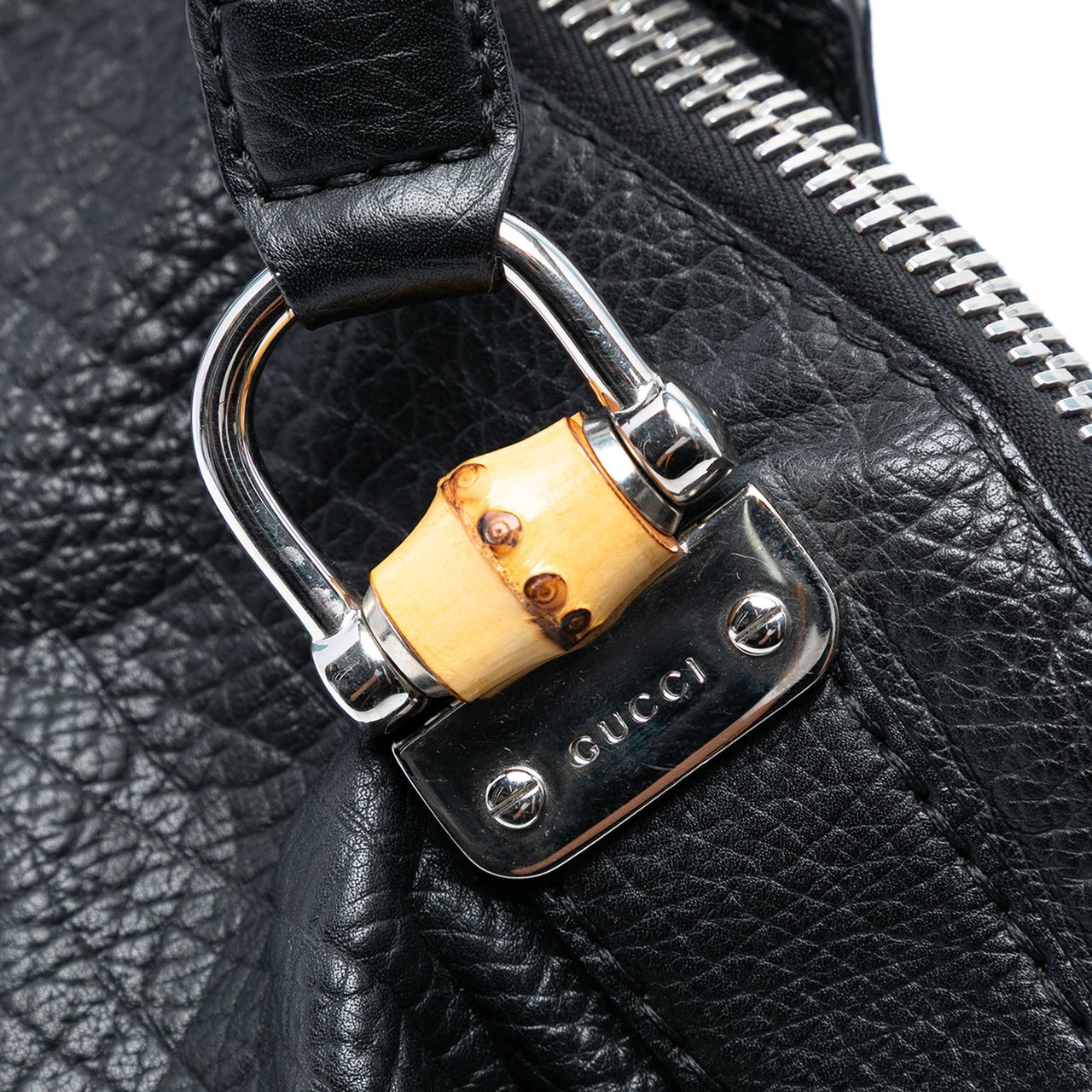 Gucci Medium Leather Bamboo Bar Tote Zwart