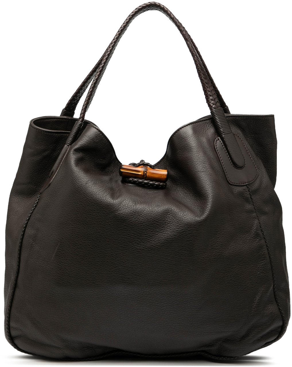 Gucci Large Pebbled Deerskin Bamboo Hip Tote Bruin