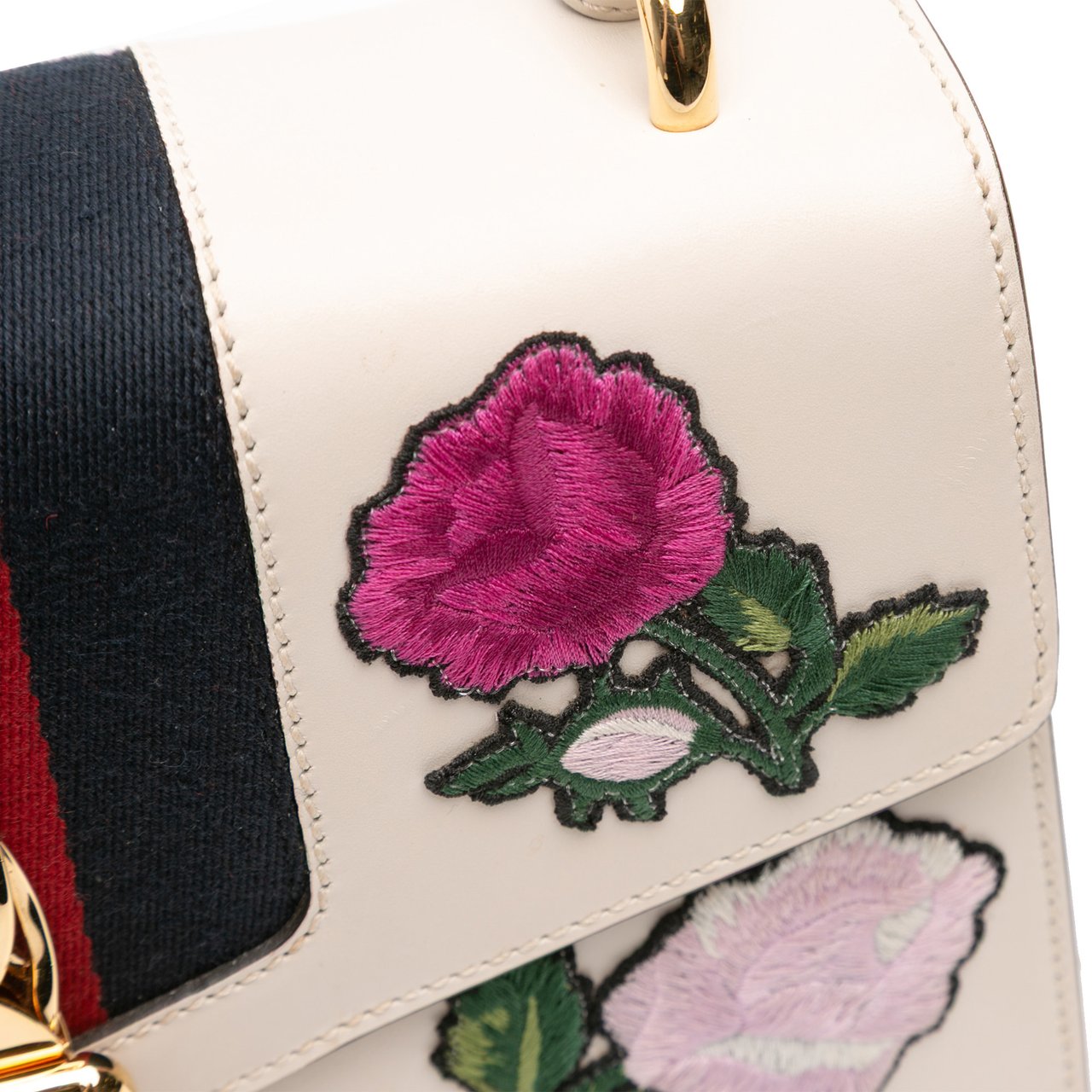 Gucci Small Floral Embroidered Leather Sylvie Satchel Wit