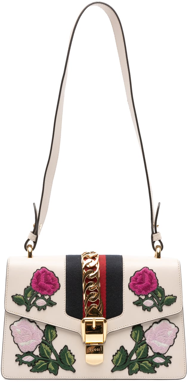 Gucci Small Floral Embroidered Leather Sylvie Satchel Wit