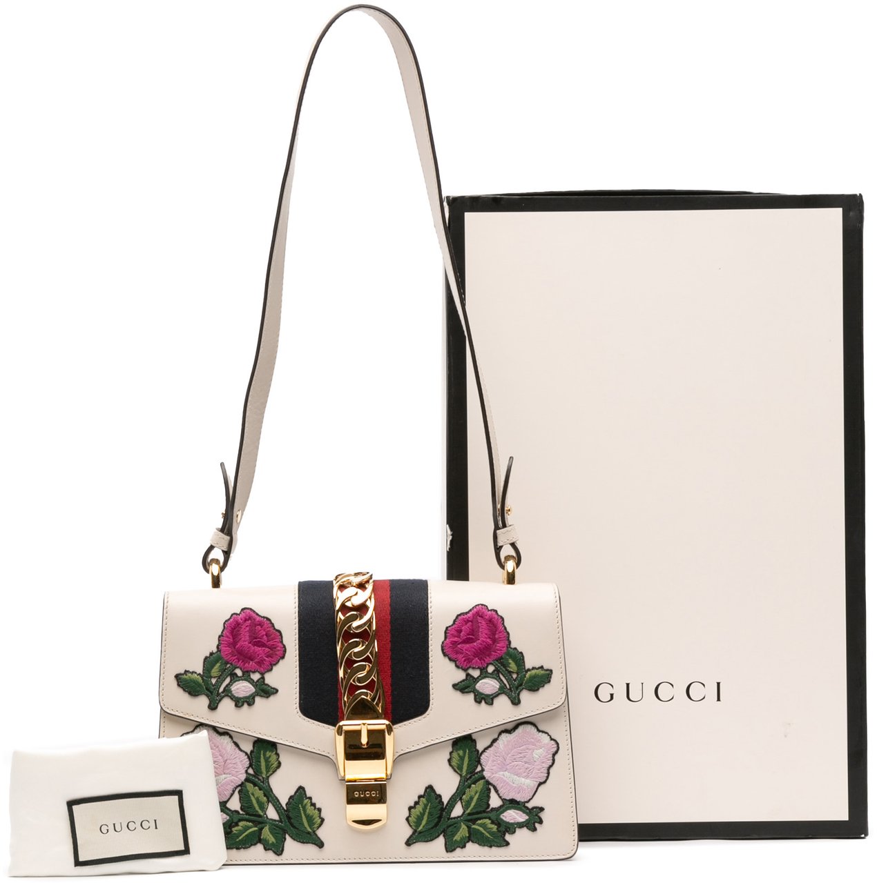 Gucci Small Floral Embroidered Leather Sylvie Satchel Wit