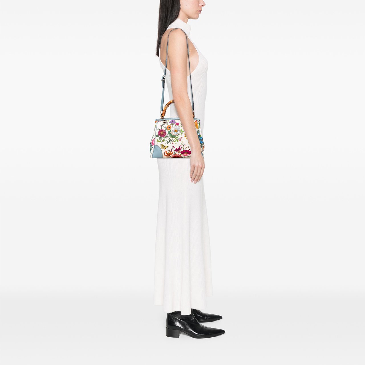 Gucci Small Canvas Flora Bamboo Shopper Satchel Wit