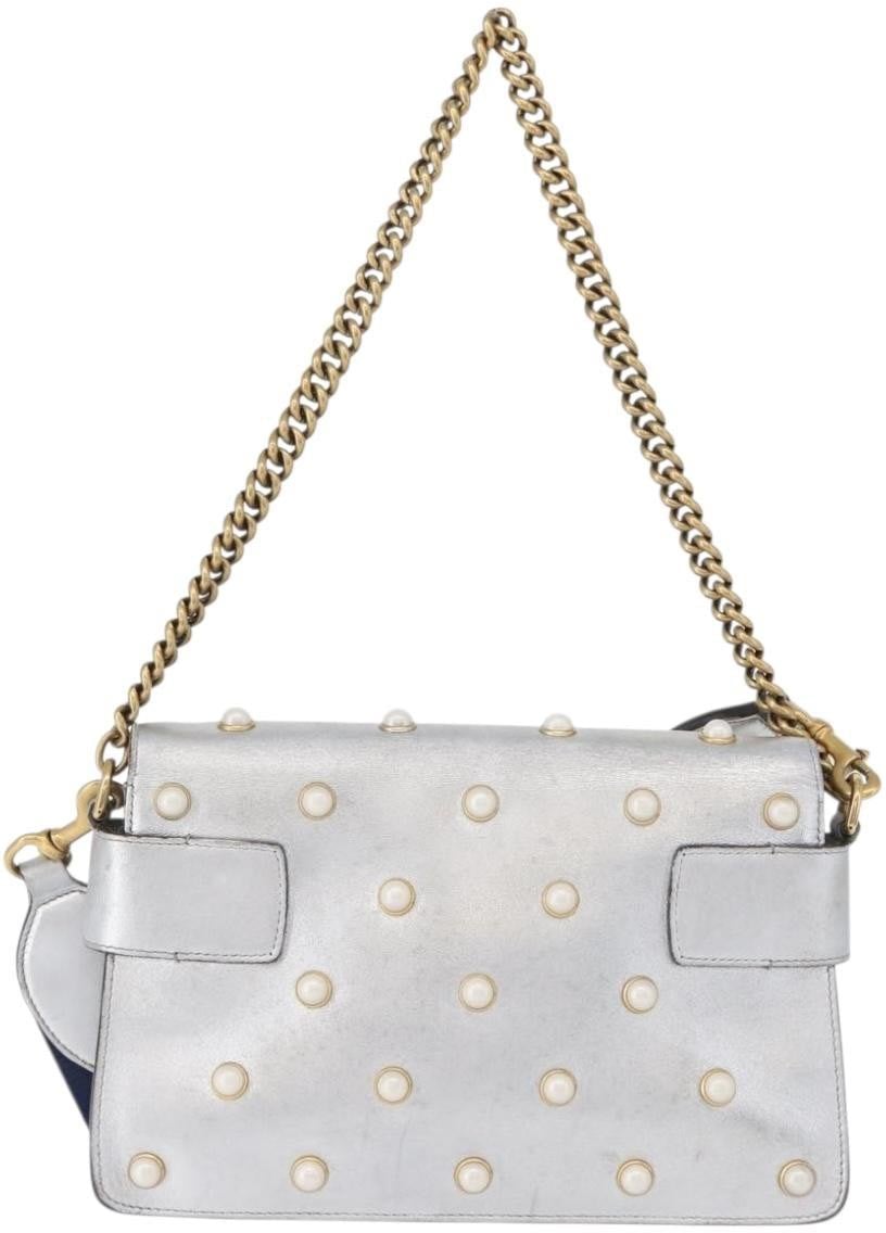 Gucci Broadway Pearly Bee Shoulder Bag Embellished Leather Mini Zilver