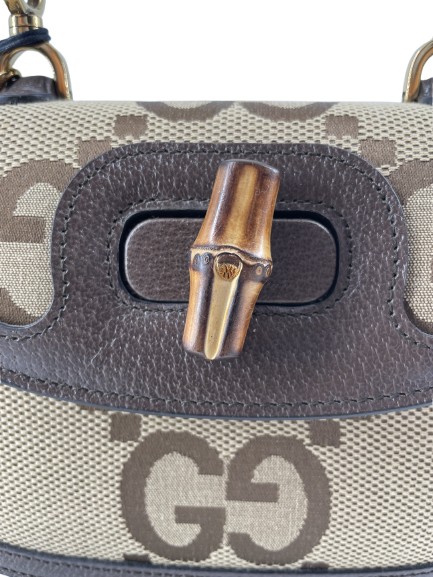 Gucci Gucci Bamboo 1947 Top Handle Bag Jumbo GG Canvas Small Bruin