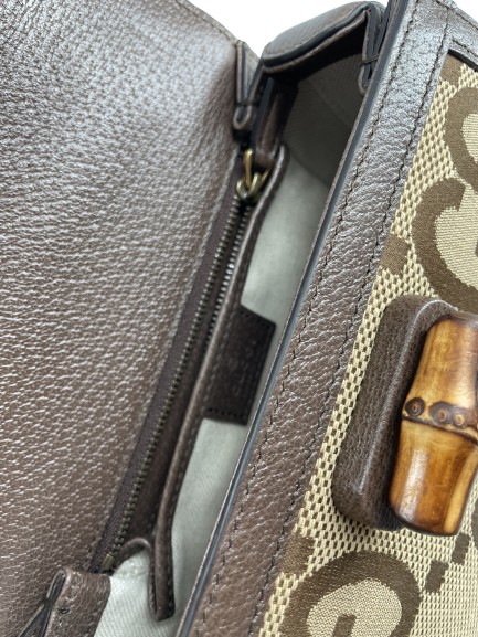 Gucci Gucci Bamboo 1947 Top Handle Bag Jumbo GG Canvas Small Bruin