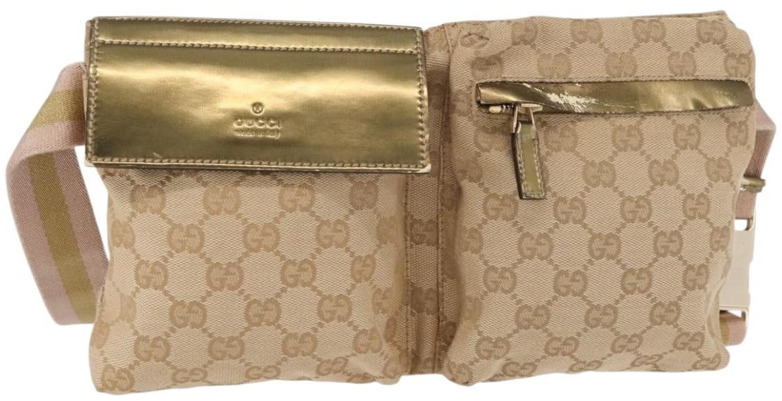 Gucci Gucci Vintage Double Belt Bag GG Coated Canvas with Leather Beige