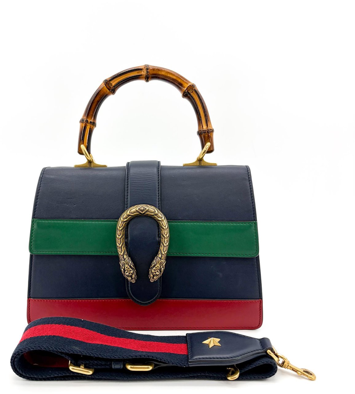 Gucci Dionysus Bamboo Top Handle Bag Colorblock Leather Medium Navy