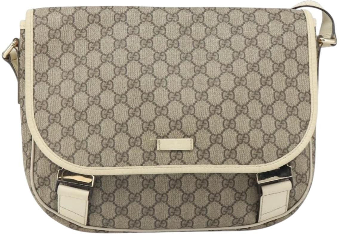 Gucci Gucci Double Buckle Flap Messenger Bag GG Coated Canvas with Leather Medium Beige