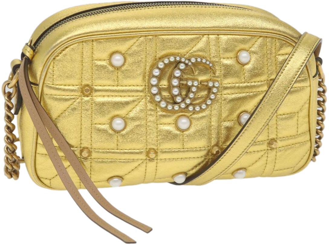 Gucci Gucci Pearly GG Marmont Shoulder Bag Embellished Matelasse Leather Small Goud