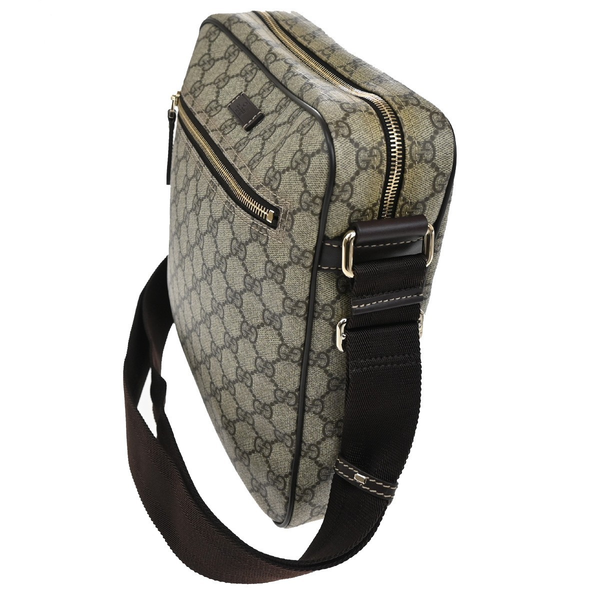 Gucci Gucci Front Zip Messenger GG Coated Canvas Medium Bruin