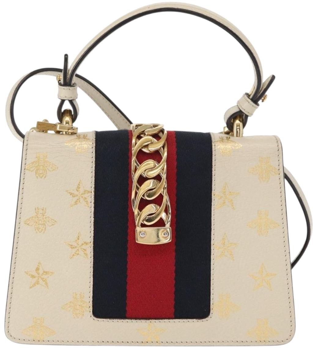 Gucci Gucci Sylvie Top Handle Bag Printed Leather Mini Beige