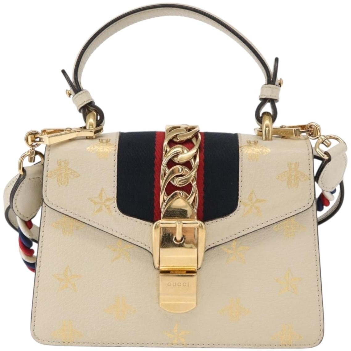 Gucci Gucci Sylvie Top Handle Bag Printed Leather Mini Beige