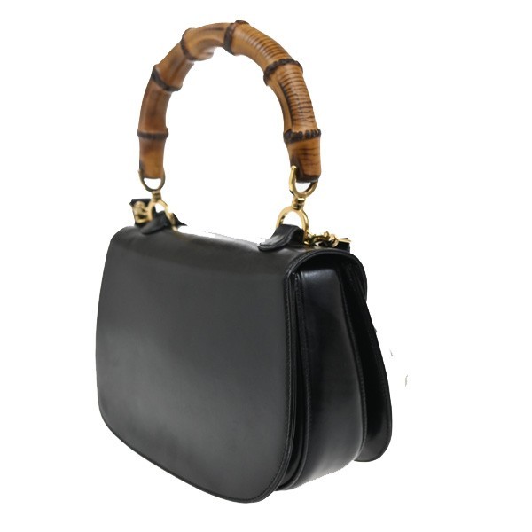 Gucci Gucci Vintage Convertible Bamboo Top Handle Bag Leather Medium Zwart