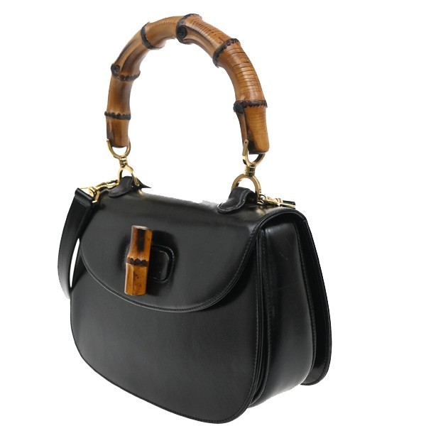 Gucci Gucci Vintage Convertible Bamboo Top Handle Bag Leather Medium Zwart