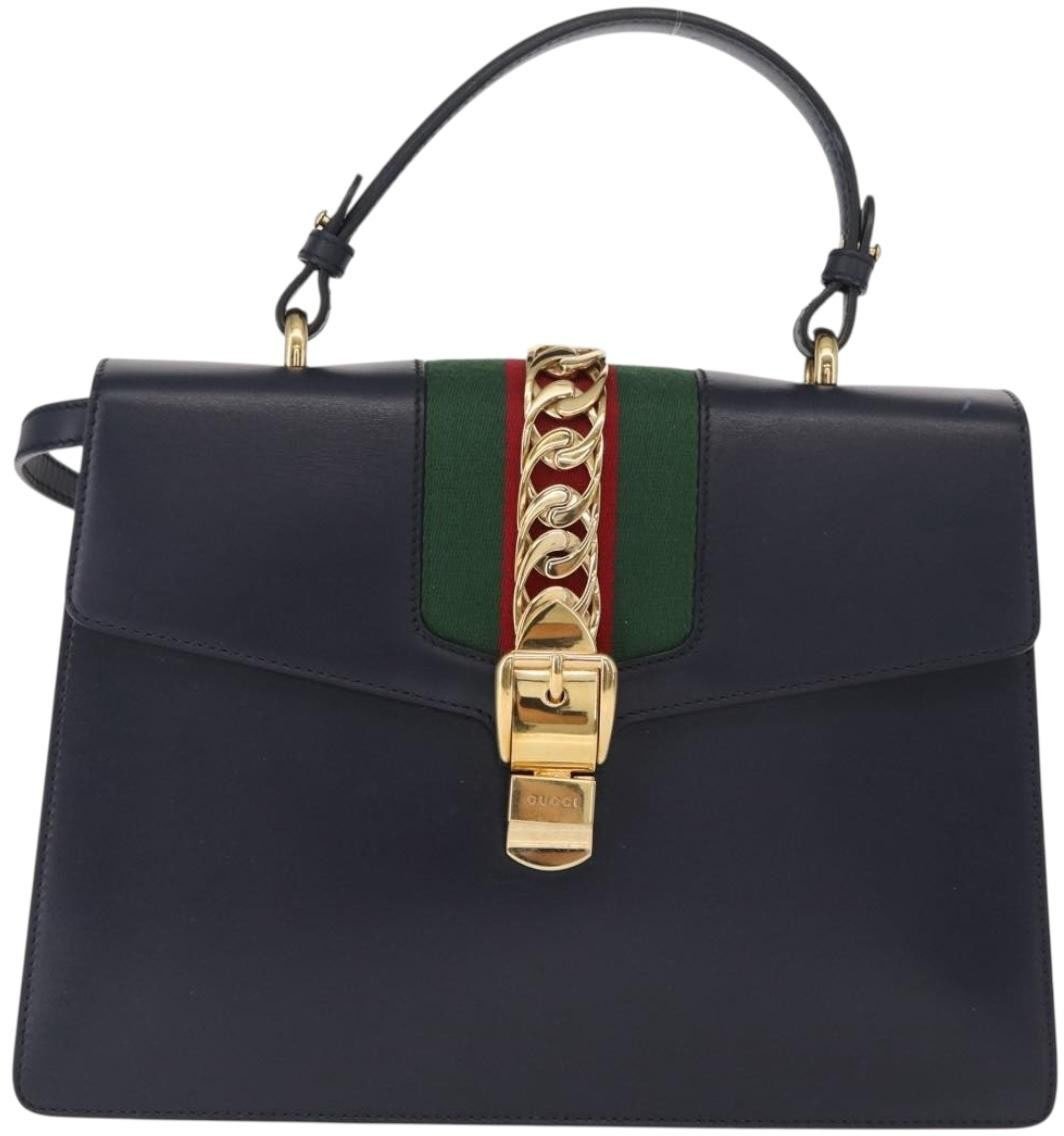 Gucci Gucci Sylvie Top Handle Bag Leather Medium Navy