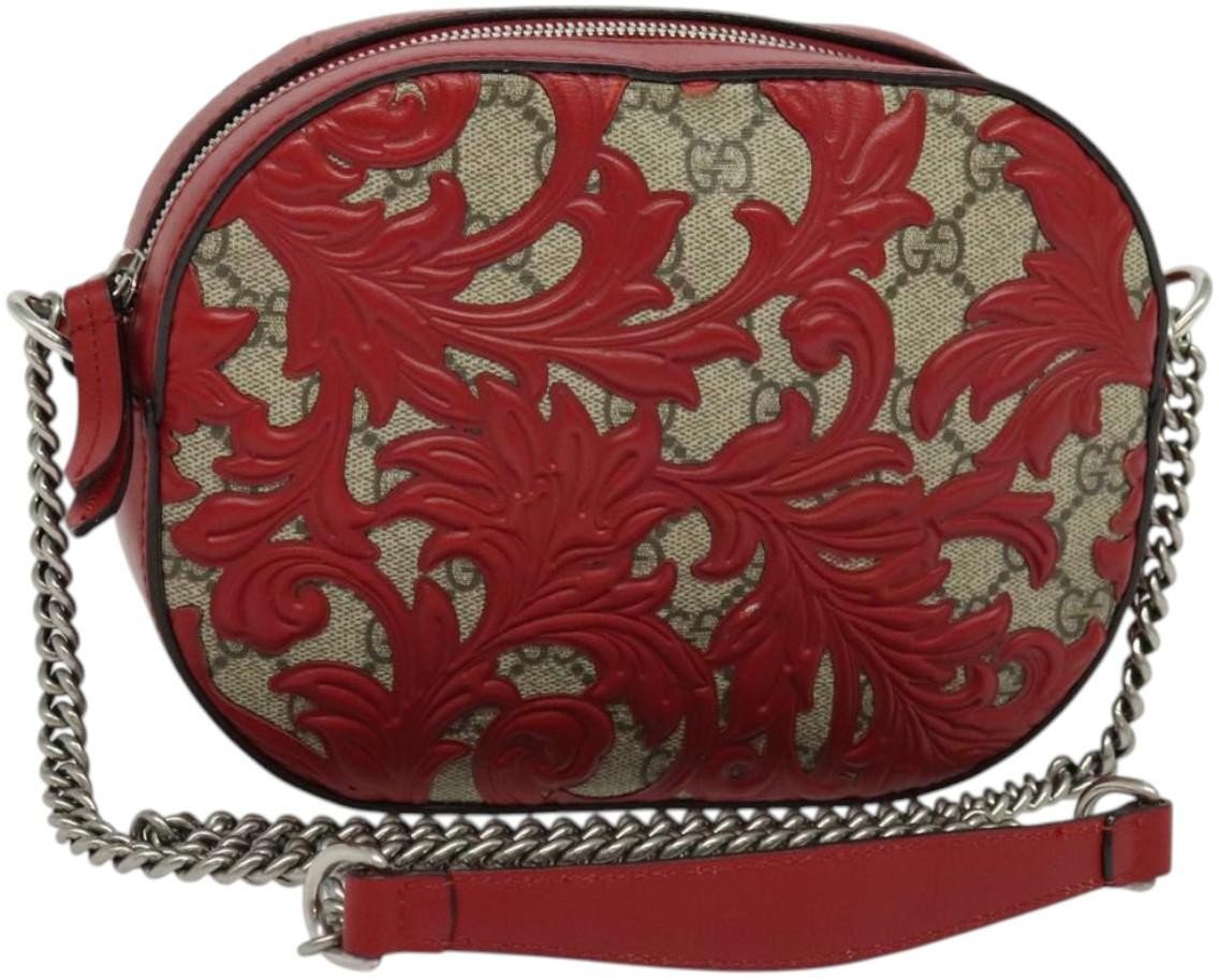 Gucci Gucci Chain Crossbody Bag Arabesque GG Coated Canvas with Leather Mini Rood