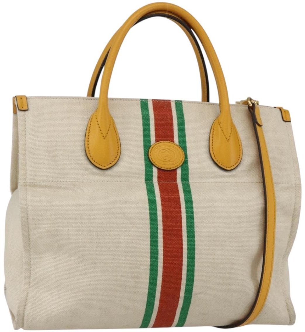 Gucci Gucci Foldable Web Tote Canvas with Leather Small Beige