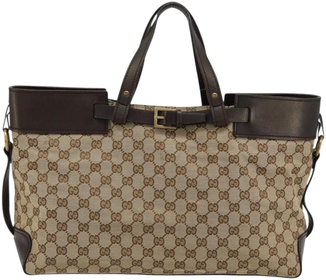 Gucci Belted Bucket Tote GG Canvas with Leather East West Beige