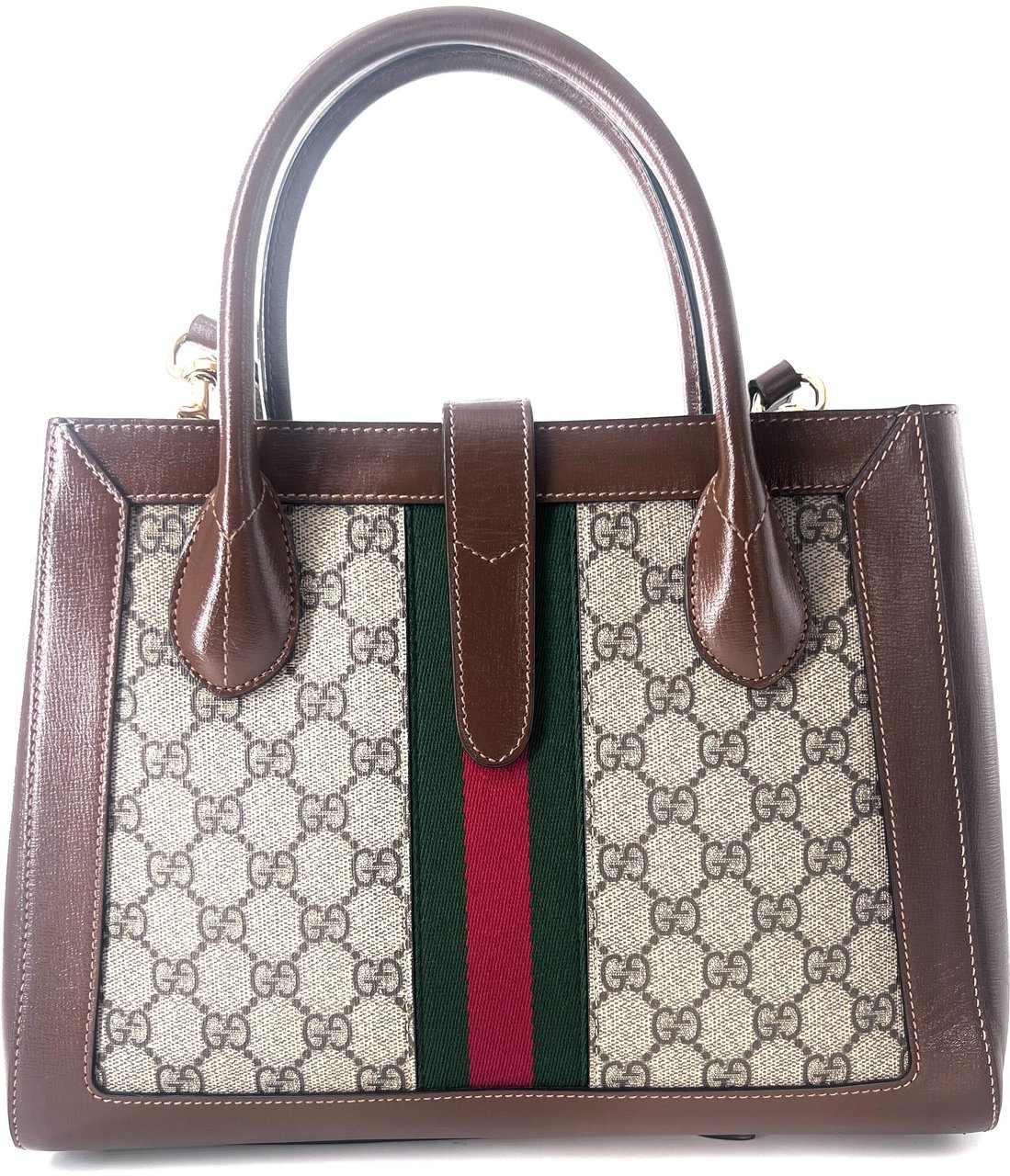 Gucci Gucci Ophidia Top Handle Tote GG Coated Canvas with Leather Small Bruin