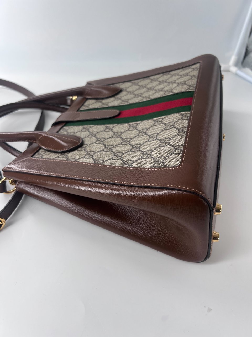 Gucci Gucci Ophidia Top Handle Tote GG Coated Canvas with Leather Small Bruin