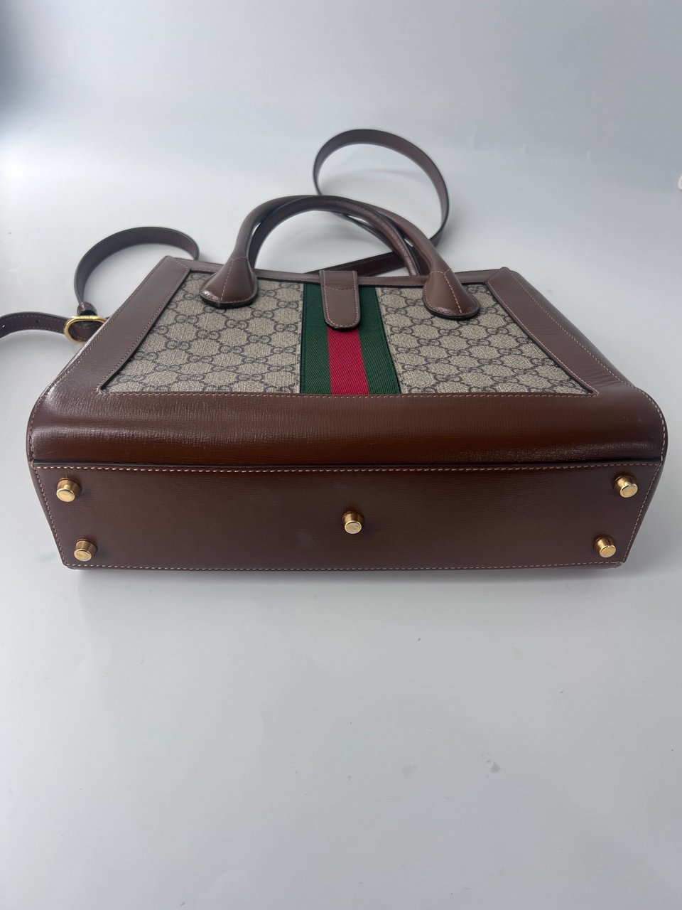 Gucci Gucci Ophidia Top Handle Tote GG Coated Canvas with Leather Small Bruin