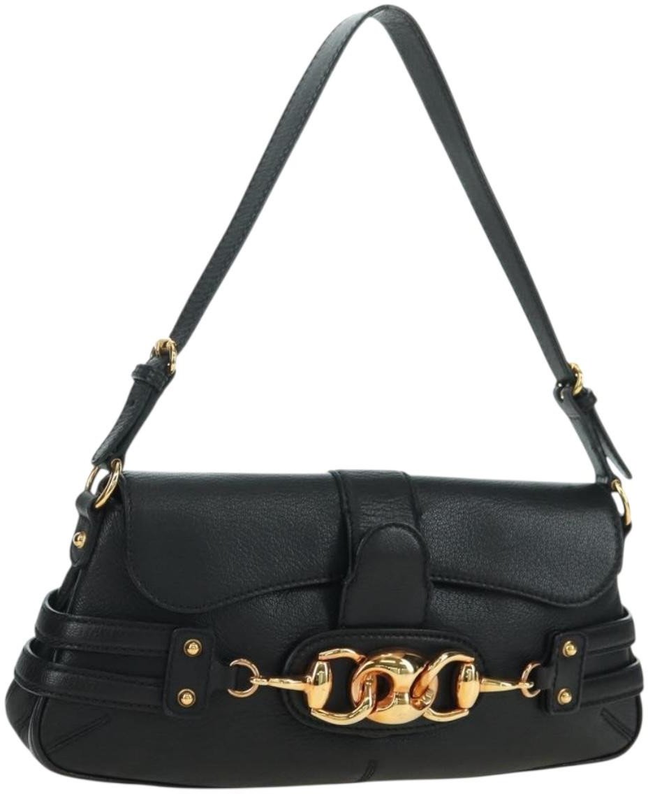 Gucci Horsebit Shoulder Bag GG Canvas and Leather Large Zwart