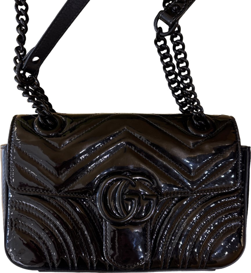 Gucci GG Marmont Flap Bag Matelasse Patent Mini Zwart