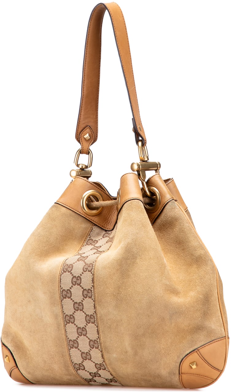 Gucci Suede and GG Canvas Nailhead Drawstring Hobo Bruin