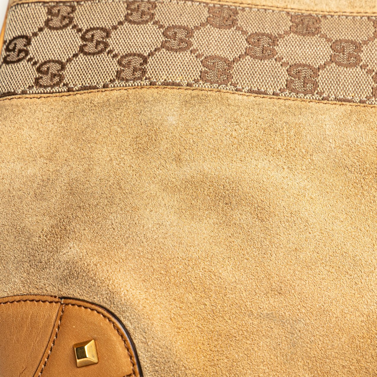 Gucci Suede and GG Canvas Nailhead Drawstring Hobo Bruin