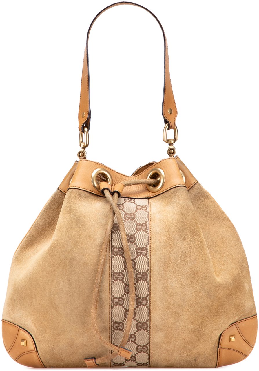Gucci Suede and GG Canvas Nailhead Drawstring Hobo Bruin