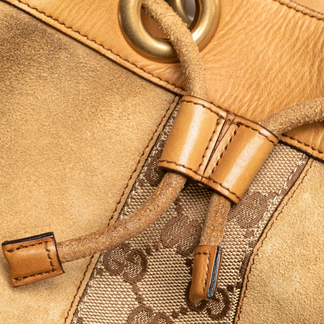 Gucci Suede and GG Canvas Nailhead Drawstring Hobo Bruin